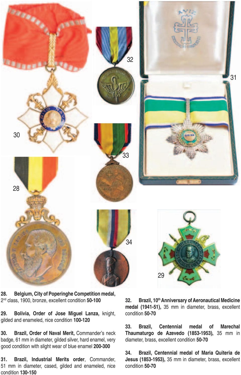 Brazil, Order of Naval Merit, Commander s neck badge, 61 mm in diameter, gilded silver, hard enamel, very good condition with slight wear of blue enamel 200-300 31.