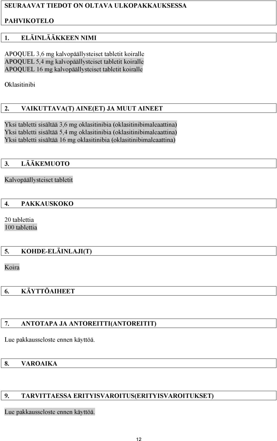 VAIKUTTAVA(T) AINE(ET) JA MUUT AINEET Yksi tabletti sisältää 3,6 mg oklasitinibia (oklasitinibimaleaattina) Yksi tabletti sisältää 5,4 mg oklasitinibia (oklasitinibimaleaattina) Yksi tabletti