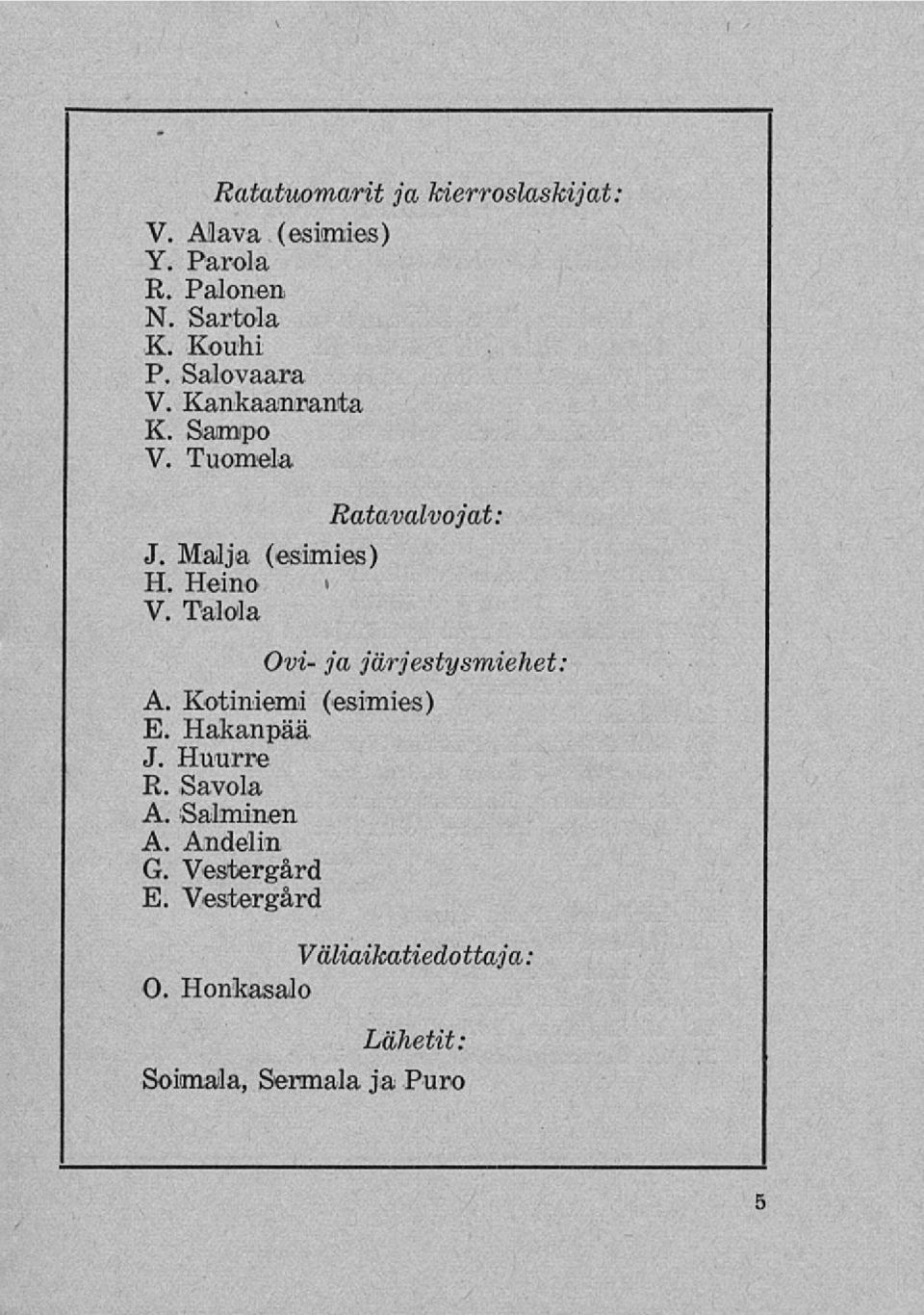 Talola Ovi- ja järjestysmiehet: A. Kotiniemi (esimies) E. Hakanpää J. Huurre R. Savola A.