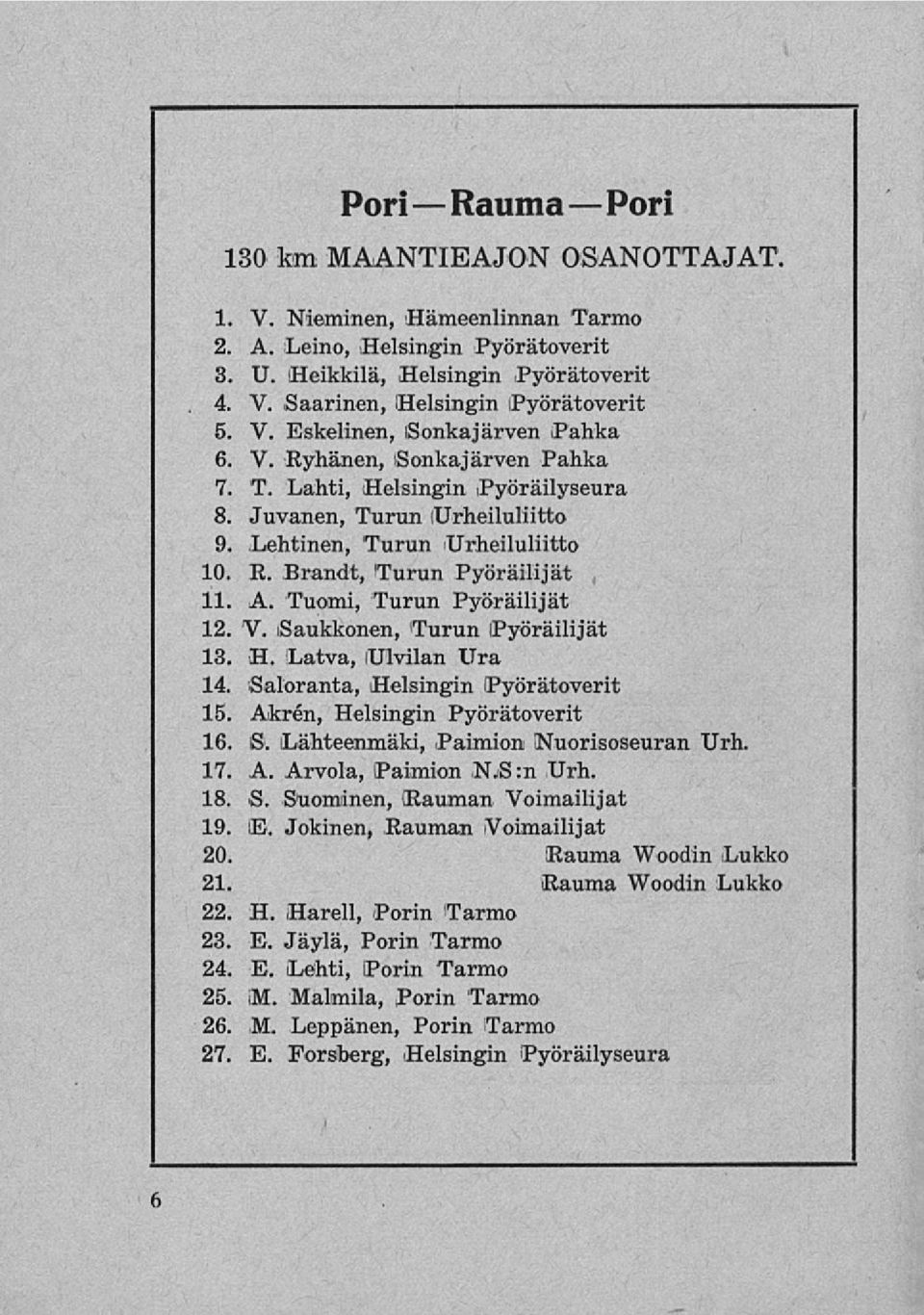 A. Tuomi, Turun Pyöräilijät 12. V. Saukkonen, Turun Pyöräilijät 13. H. Latva, Ulvilan Ura 14. Saloranta, Helsingin Pyörätoverit 15. Akrén, Helsingin Pyörätoverit 16. S. Lähteenmäki, Paimion Nuorisoseuran Urh.