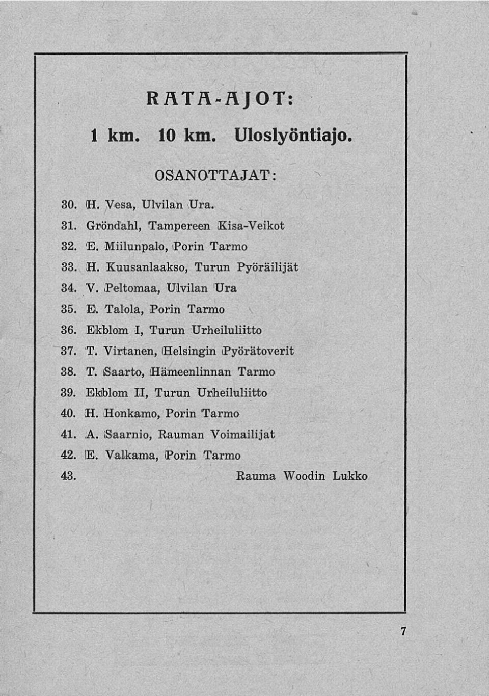 Ekblom I, Turun Urheiluliitto 37. T. Virtanen, Helsingin Pyörätoverit 38. T. Saarto, (Hämeenlinnan Tarmo 39.