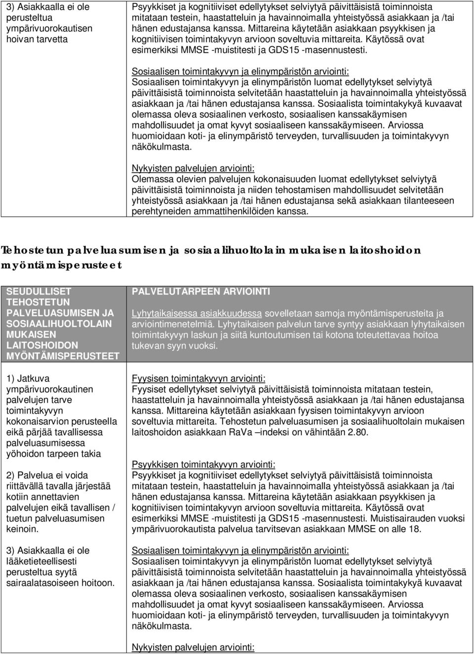 Käytössä ovat esimerkiksi MMSE -muistitesti ja GDS15 -masennustesti.