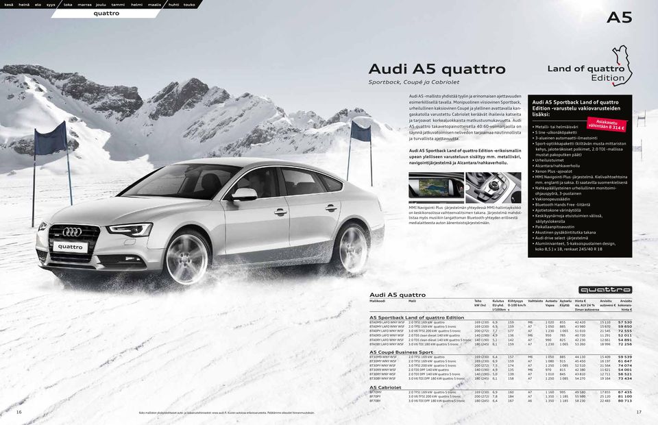 matkustusmukavuutta. Audi A5 takavetopainotteisella 40:60-voimanjaolla on täynnä jatkuvatoimisen nelivedon tarjoamaa nautinnollista ja turvallista ajettavuutta.