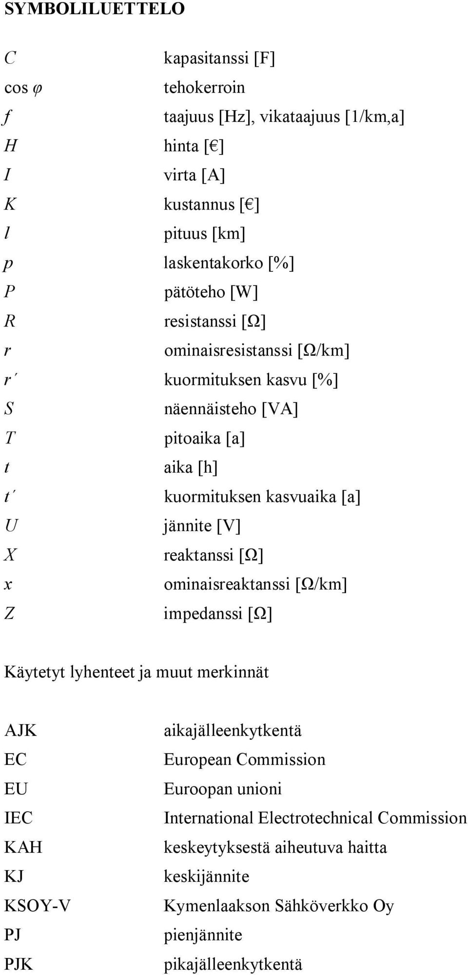 jännite [V] X reaktanssi [ ] x ominaisreaktanssi [ /km] Z impedanssi [ ] Käytetyt lyhenteet ja muut merkinnät AJK EC EU IEC KAH KJ KSOY-V PJ PJK aikajälleenkytkentä