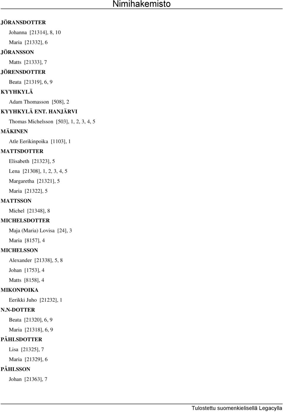 HANJÄRVI Thomas Michelsson [503], 1, 2, 3, 4, 5 MÄKINEN Atle Eerikinpoika [1103], 1 MATTSDOTTER Elisabeth [21323], 5 Lena [21308], 1, 2, 3, 4, 5 Margaretha [21321], 5