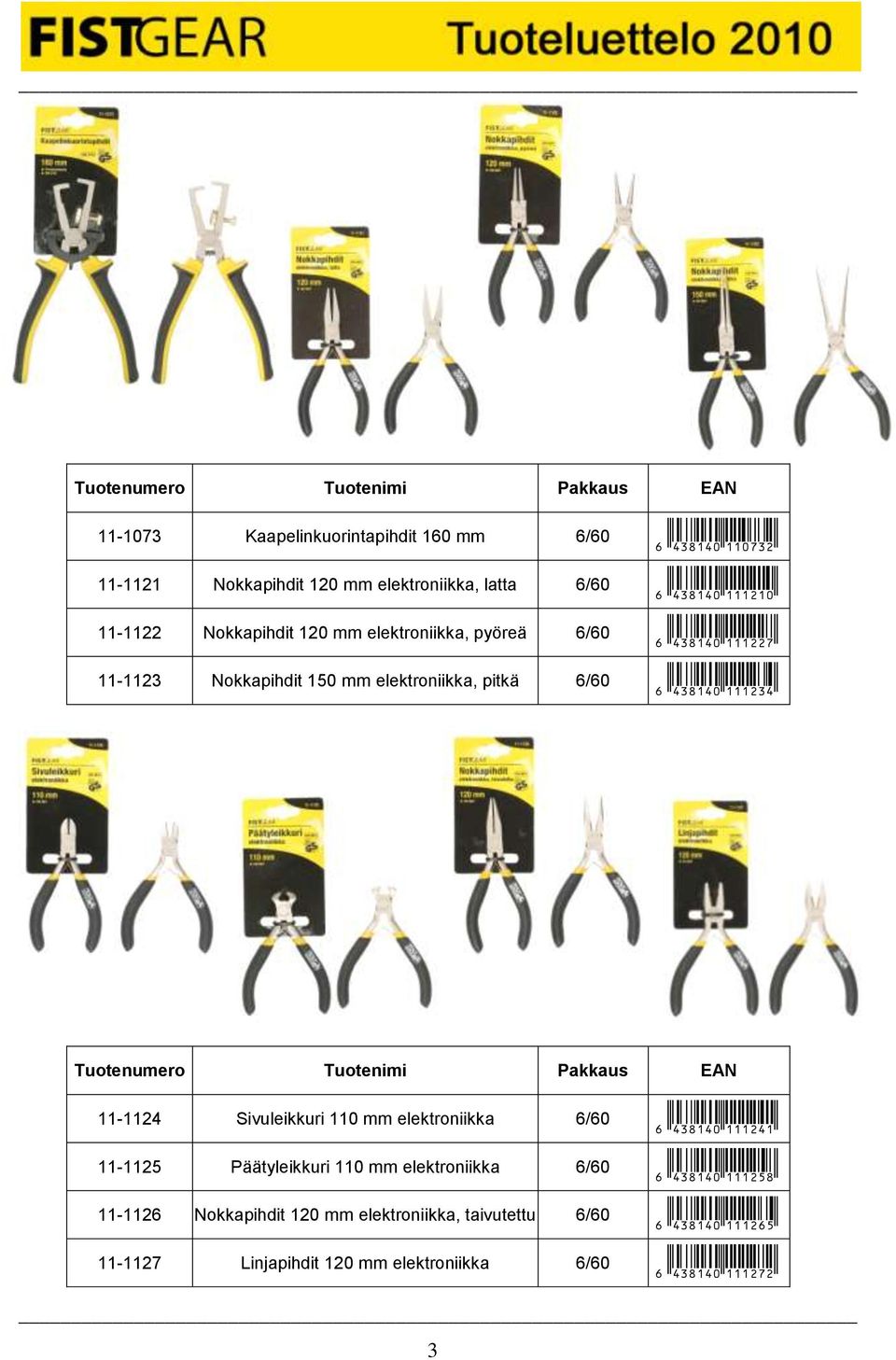 438140 111234 11-1124 Sivuleikkuri 110 mm elektroniikka 6/60 11-1125 Päätyleikkuri 110 mm elektroniikka 6/60 11-1126 Nokkapihdit 120