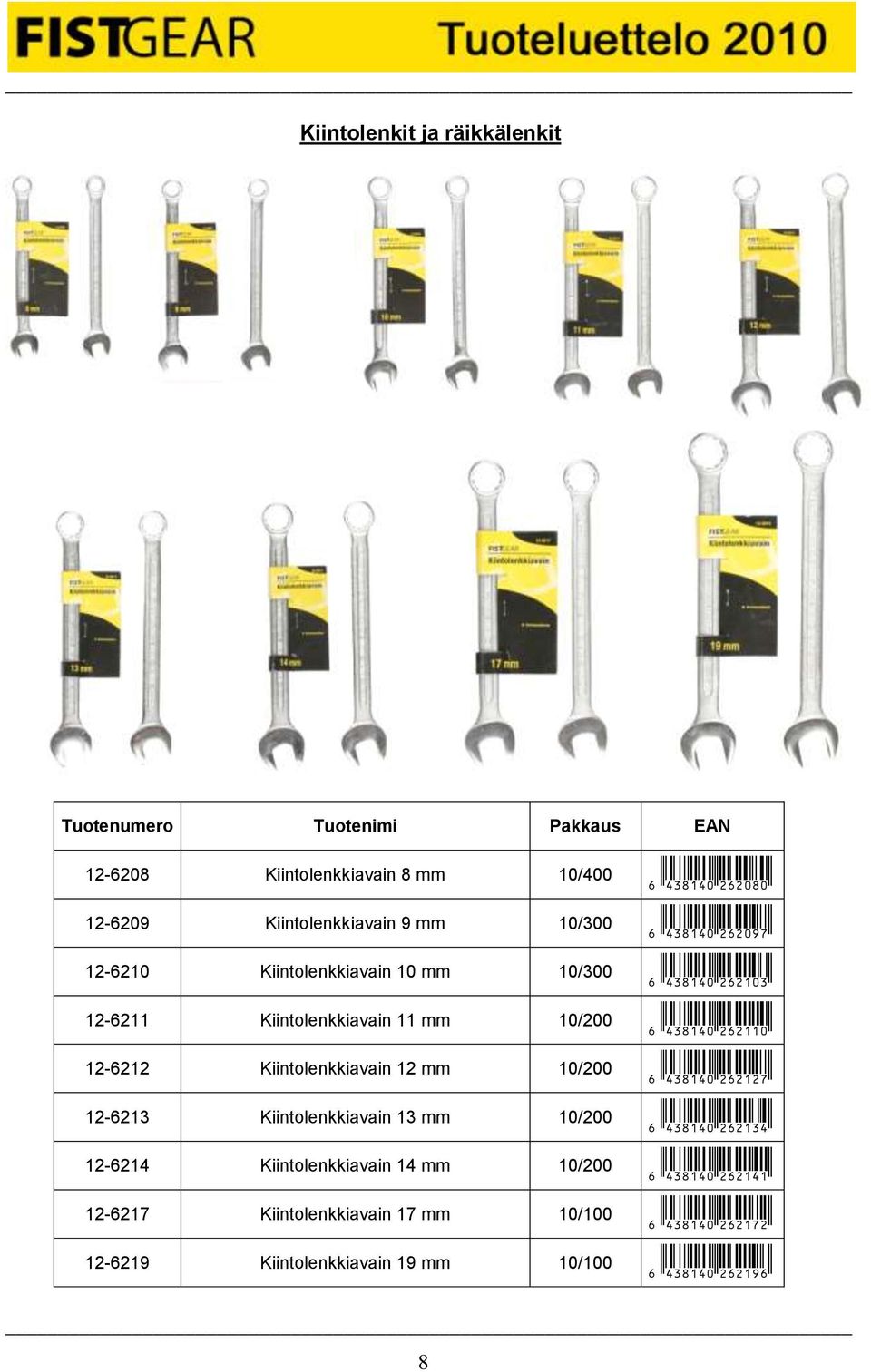 12-6214 Kiintolenkkiavain 14 mm 10/200 12-6217 Kiintolenkkiavain 17 mm 10/100 12-6219 Kiintolenkkiavain 19 mm 10/100 6 438140