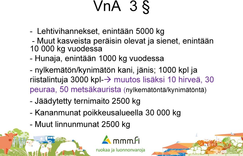 riistalintuja 3000 kpl- muutos lisäksi 10 hirveä, 30 peuraa, 50 metsäkaurista