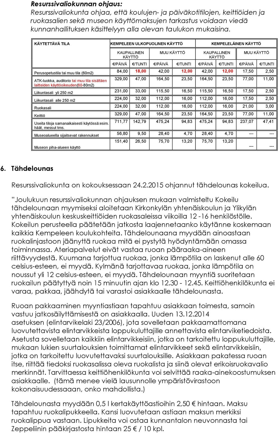 KÄYTETTÄVÄ TILA KEMPELEEN ULKOPUOLINEN KÄYTTÖ KEMPELELÄINEN KÄYTTÖ KAUPALLINEN KÄYTTÖ MUU KÄYTTÖ KAUPALLINEN KÄYTTÖ MUU KÄYTTÖ /PÄIVÄ /TUNTI /PÄIVÄ /TUNTI /PÄIVÄ /TUNTI /PÄIVÄ /TUNTI Perusopetustila