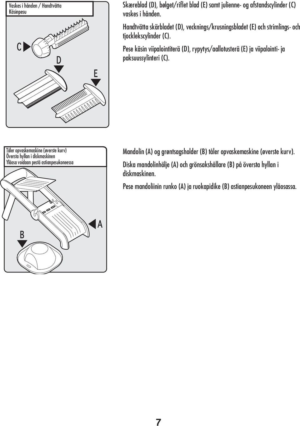 Pese käsin viipalointiterä (D), rypytys/aallotusterä (E) ja viipalointi- ja paksuussylinteri (C).