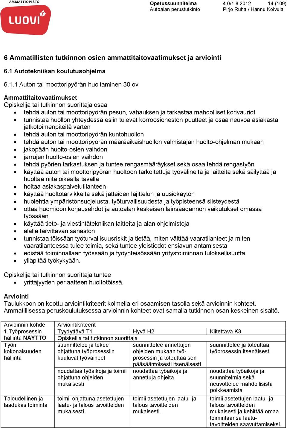 14 (109) 6 Ammatillisten tutkinnon osien ammattitaitovaatimukset ja arviointi 6.1 Autotekniikan koulutusohjelma 6.1.1 Auton tai moottoripyörän huoltaminen 30 ov Ammattitaitovaatimukset Opiskelija tai