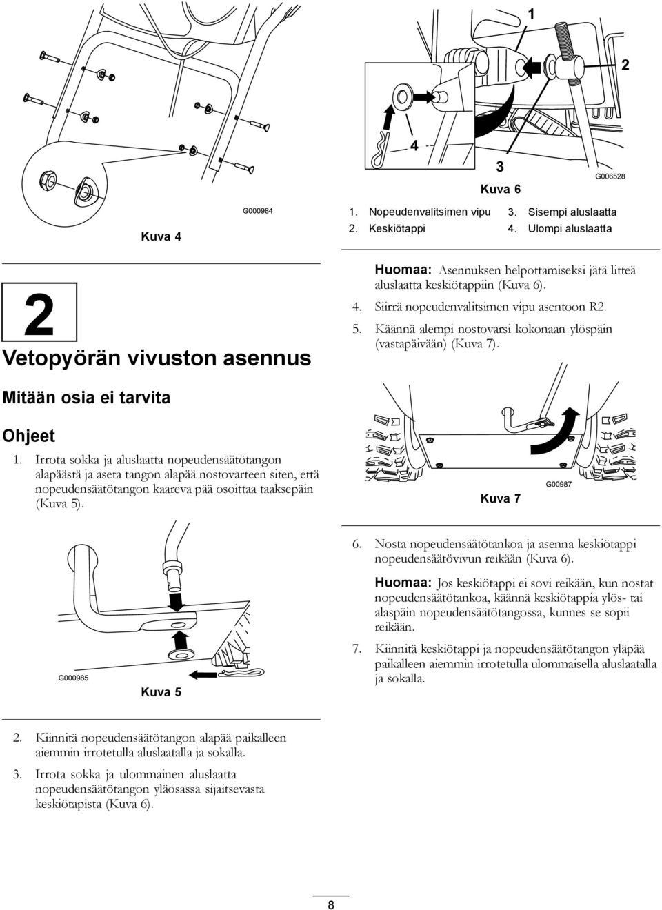 Käännä alempi nostovarsi kokonaan ylöspäin (vastapäivään) (Kuva 7). Mitään osia ei tarvita Ohjeet 1.