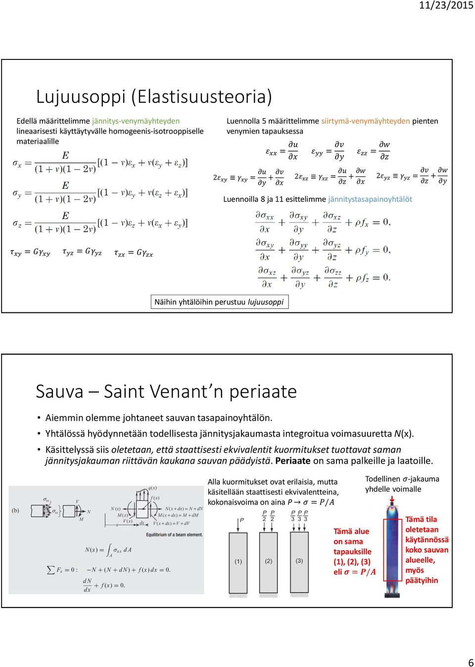 τ yz = Gγ yz τ zx = Gγ zx Näihin yhtälöihin perustuu lujuusoppi Sauva Saint Venant n periaate Aiemmin olemme johtaneet sauvan tasapainoyhtälön.