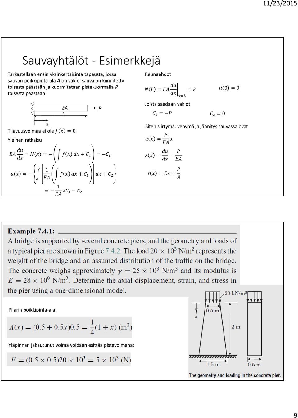 ratkaisu EA du dx = N(x) = f x dx + C 1 = C 1 P Joista saadaan vakiot C 1 = P C 2 = 0 Siten siirtymä, venymä ja jännitys sauvassa ovat u x = P EA x ε x