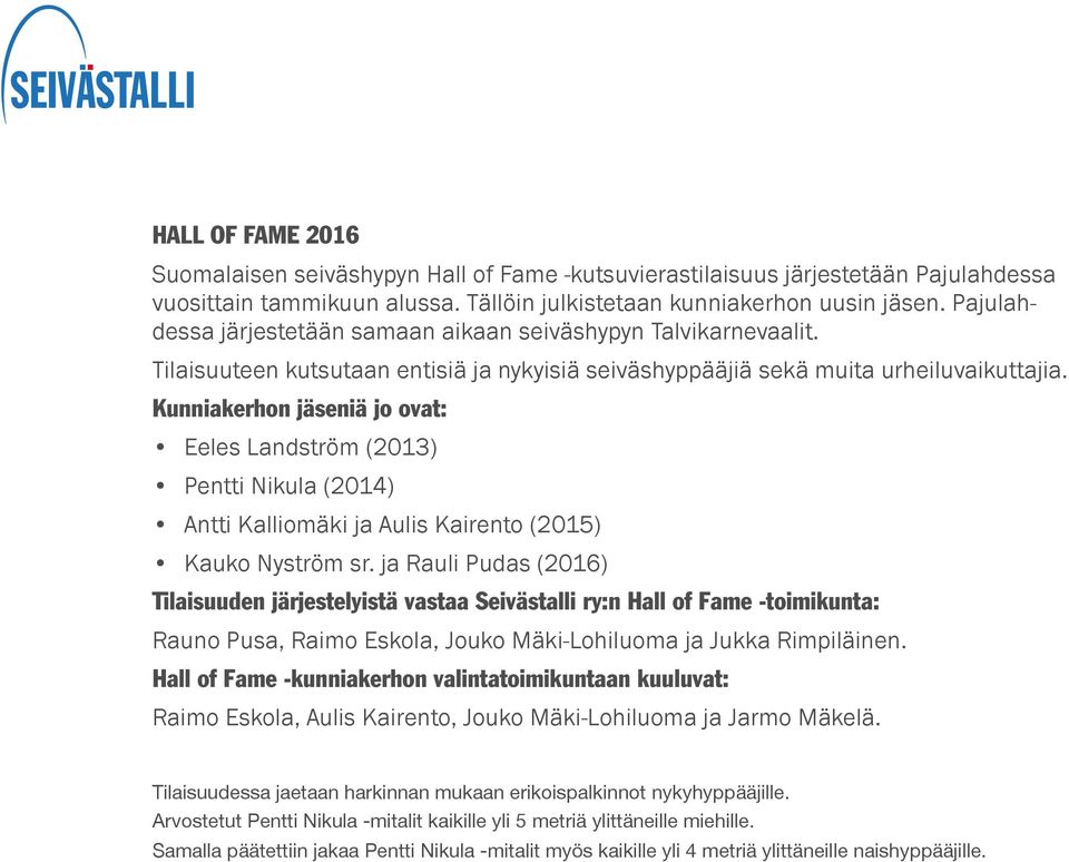 Kunniakerhon jäseniä jo ovat: Eeles Landström (2013) Pentti Nikula (2014) Antti Kalliomäki ja Aulis Kairento (2015) Kauko Nyström sr.