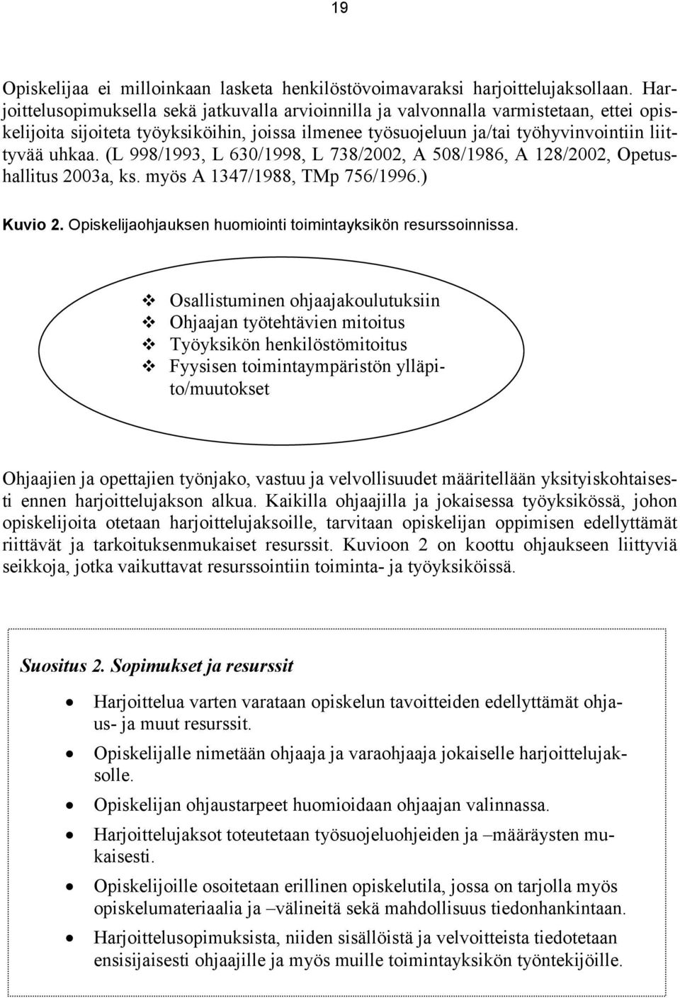 (L 998/1993, L 630/1998, L 738/2002, A 508/1986, A 128/2002, Opetushallitus 2003a, ks. myös A 1347/1988, TMp 756/1996.) Kuvio 2. Opiskelijaohjauksen huomiointi toimintayksikön resurssoinnissa.