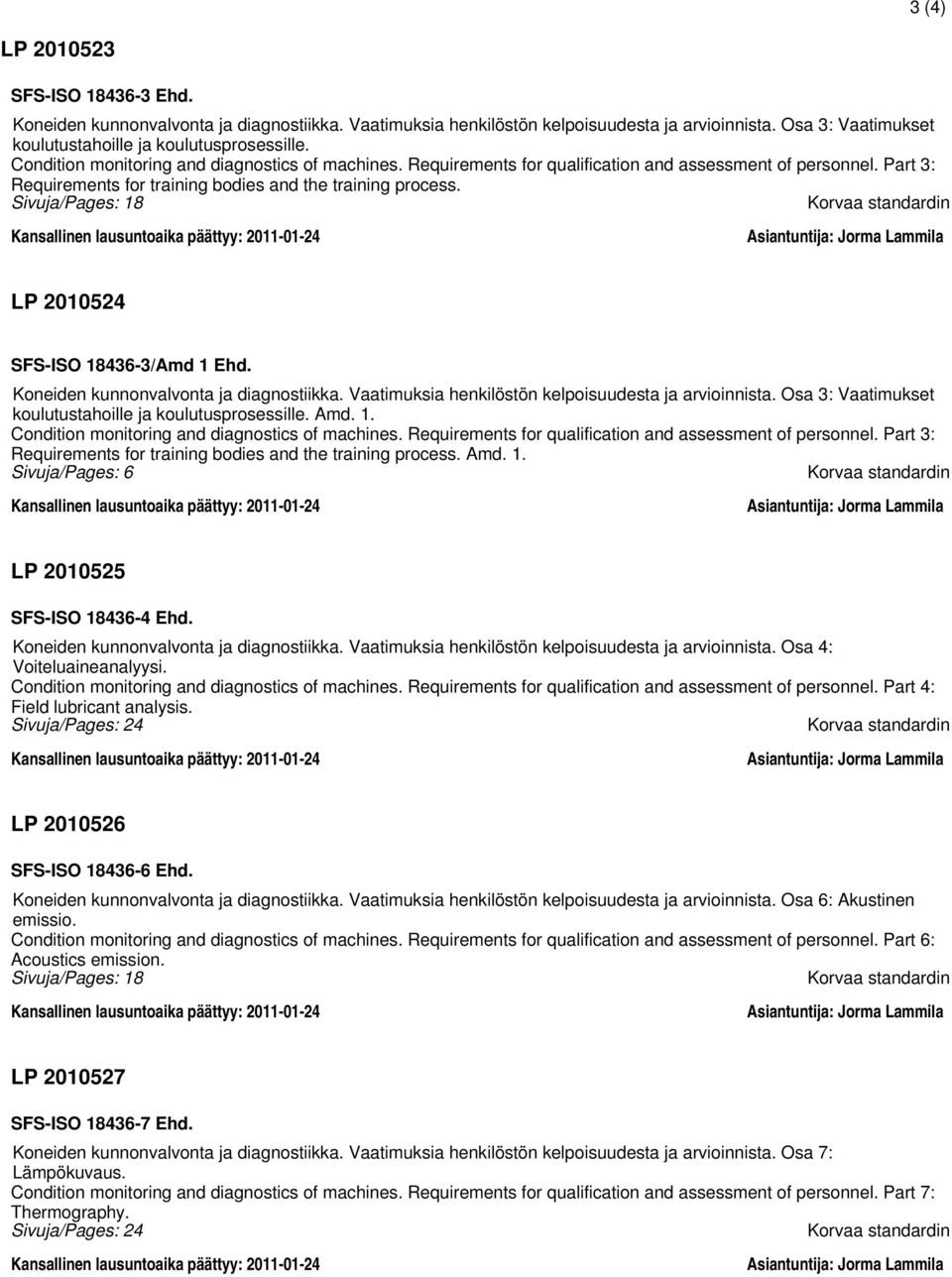 Sivuja/Pages: 18 Korvaa standardin Kansallinen lausuntoaika päättyy: 2011-01-24 LP 2010524 SFS-ISO 18436-3/Amd 1 Ehd. Koneiden kunnonvalvonta ja diagnostiikka.