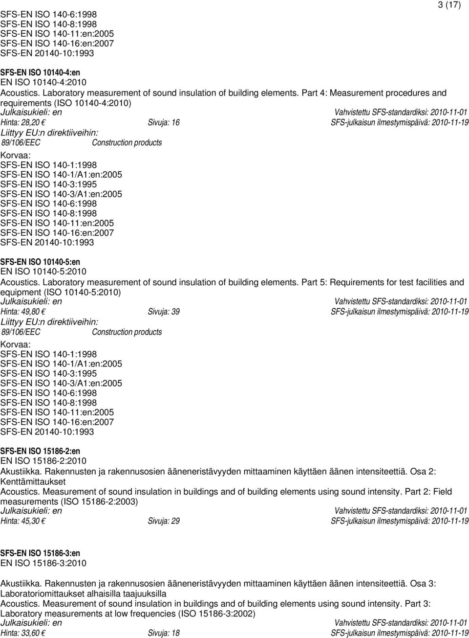 Part 4: Measurement procedures and requirements (ISO 10140-4:2010) Hinta: 28,20 Sivuja: 16 SFS-julkaisun ilmestymispäivä: 2010-11-19 89/106/EEC Construction products SFS-EN ISO 140-1:1998 SFS-EN ISO