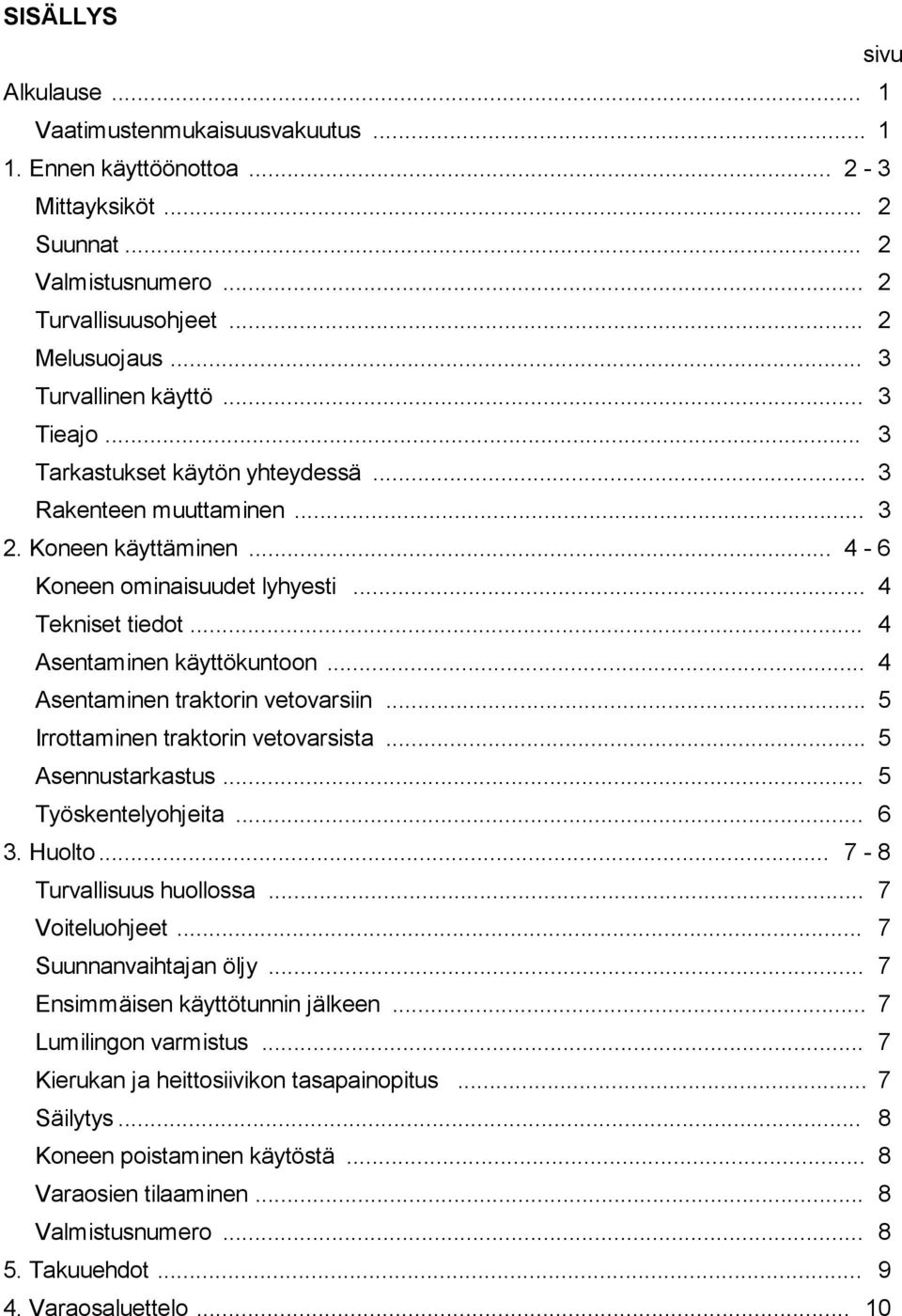 .. 4 Asentaminen käyttökuntoon... 4 Asentaminen traktorin vetovarsiin... 5 Irrottaminen traktorin vetovarsista... 5 Asennustarkastus... 5 Työskentelyohjeita... 6 3. Huolto... 7-8 Turvallisuus huollossa.