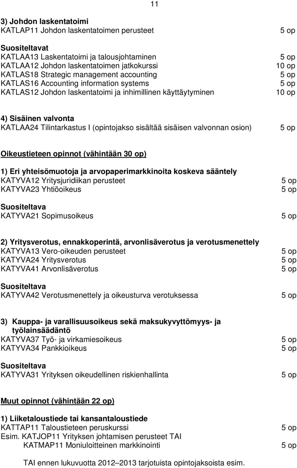 sisäisen valvonnan osion) Oikeustieteen opinnot (vähintään 30 op) 1) Eri yhteisömuotoja ja arvopaperimarkkinoita koskeva sääntely KATYVA12 Yritysjuridiikan perusteet KATYVA23 Yhtiöoikeus Suositeltava