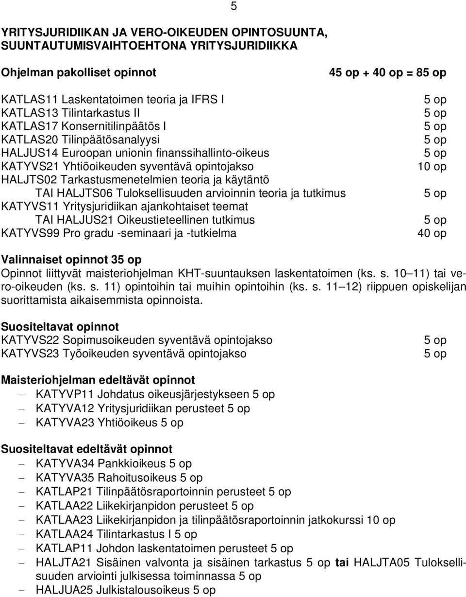 käytäntö TAI HALJTS06 Tuloksellisuuden arvioinnin teoria ja tutkimus KATYVS11 Yritysjuridiikan ajankohtaiset teemat TAI HALJUS21 Oikeustieteellinen tutkimus KATYVS99 Pro gradu -seminaari ja