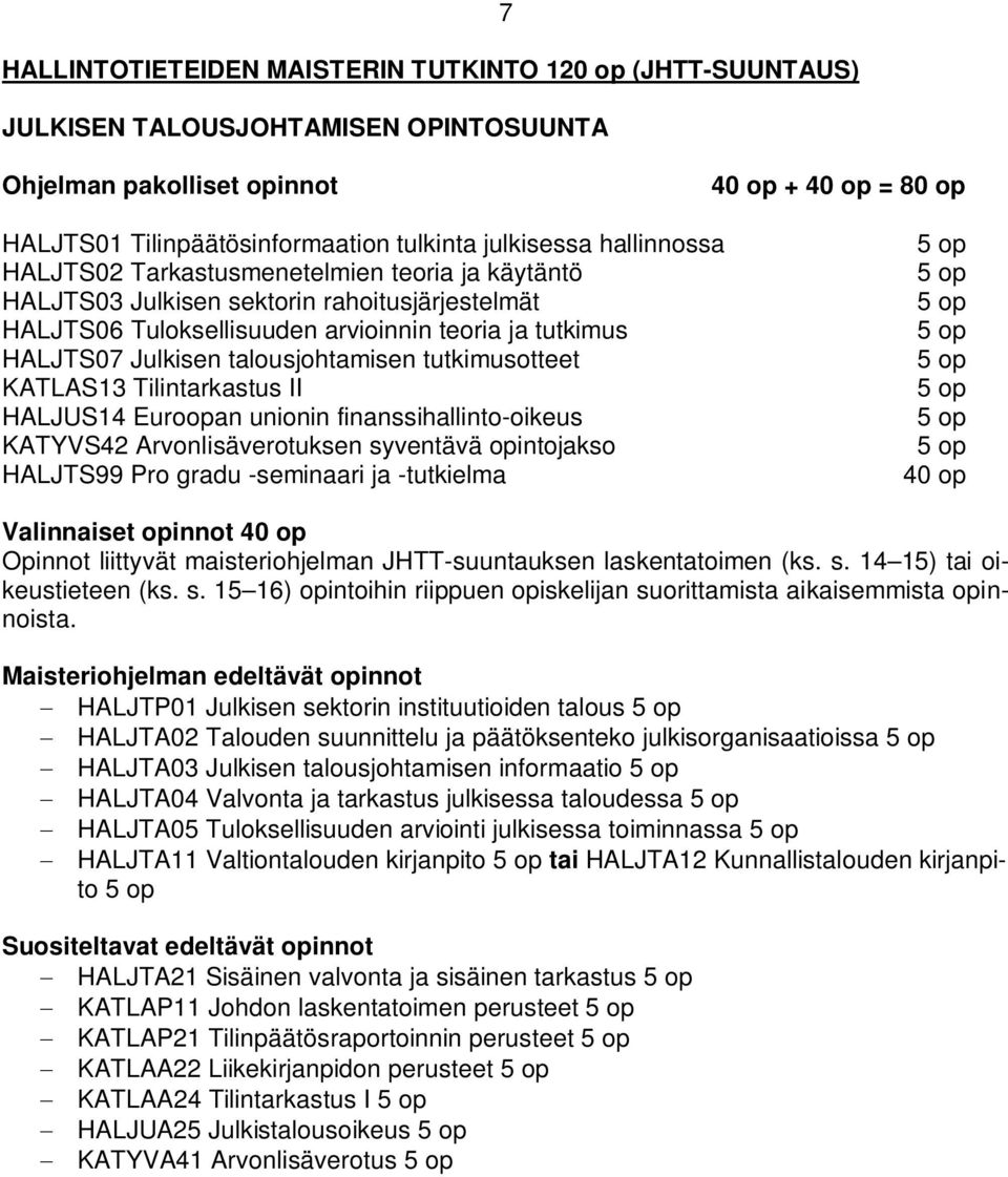 talousjohtamisen tutkimusotteet KATLAS13 Tilintarkastus II HALJUS14 Euroopan unionin finanssihallinto-oikeus KATYVS42 Arvonlisäverotuksen syventävä opintojakso HALJTS99 Pro gradu -seminaari ja