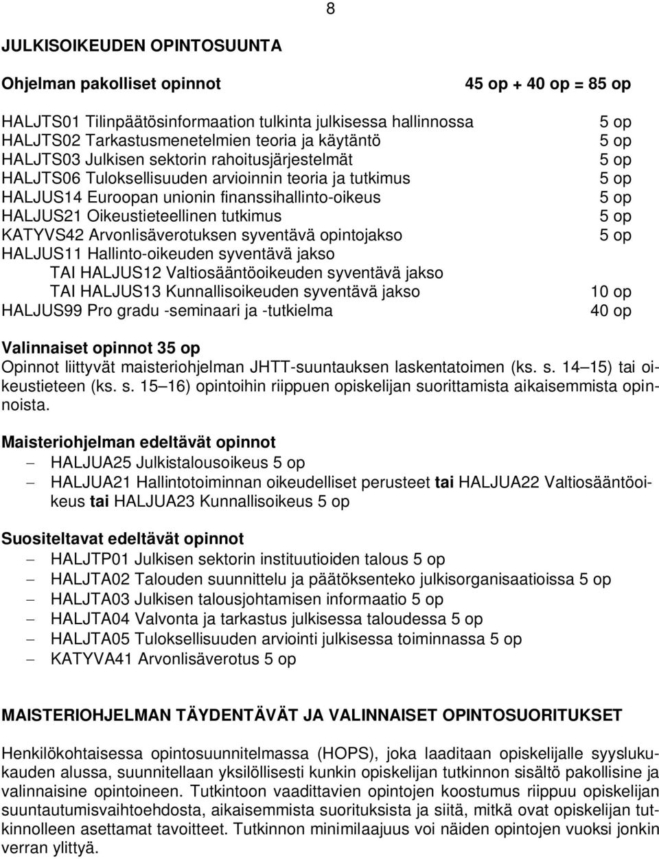 Arvonlisäverotuksen syventävä opintojakso HALJUS11 Hallinto-oikeuden syventävä jakso TAI HALJUS12 Valtiosääntöoikeuden syventävä jakso TAI HALJUS13 Kunnallisoikeuden syventävä jakso HALJUS99 Pro