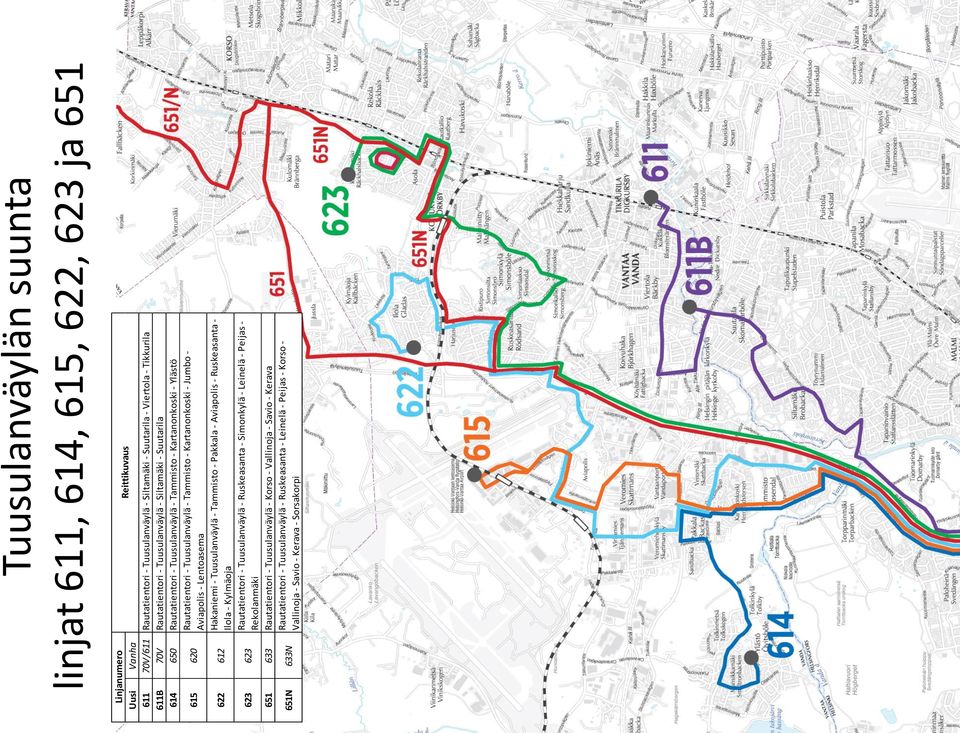 Aviapolis - Ruskeasanta - Ilola - Kylmäoja 623 623 Rautatientori - Tuusulanväylä - Ruskeasanta - Simonkylä - Leinelä - Peijas - Rekolanmäki 651 633 Rautatientori - Tuusulanväylä - Korso -