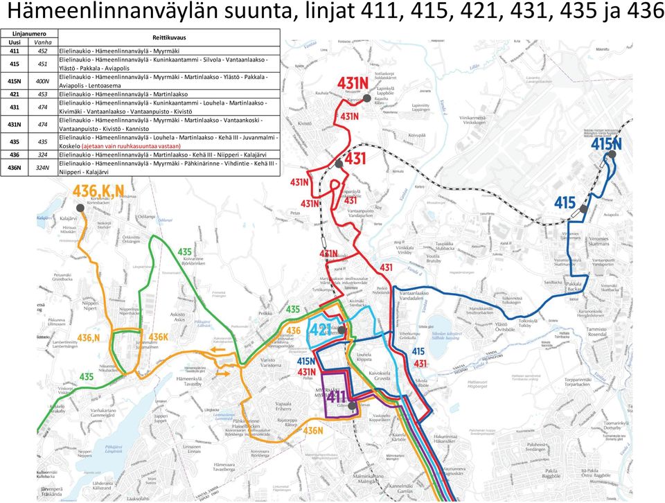 - Martinlaakso 431 474 Elielinaukio - Hämeenlinnanväylä - Kuninkaantammi - Louhela - Martinlaakso - Kivimäki - Vantaanlaakso - Vantaanpuisto - Kivistö 431N 474 Elielinaukio - Hämeenlinnanväylä -