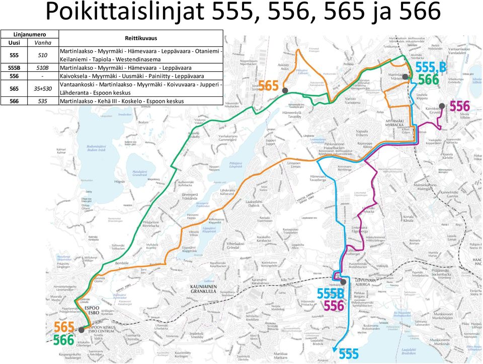 Kaivoksela - Myyrmäki - Uusmäki - Painiitty - Leppävaara 565 35+530 Vantaankoski - Martinlaakso - Myyrmäki