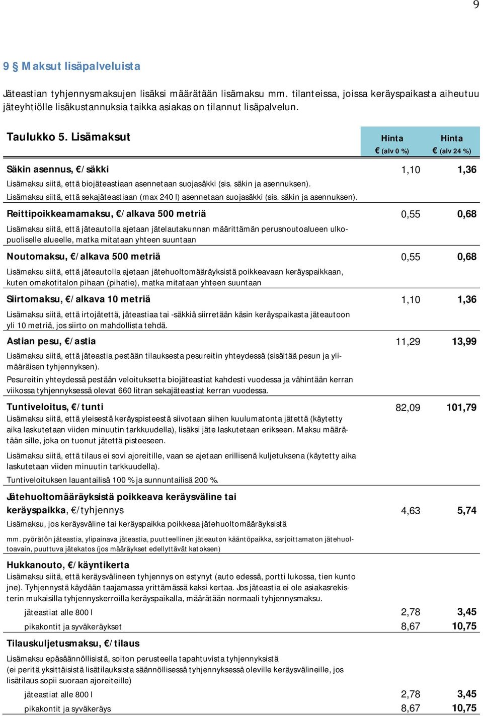 Lisämaksu siitä, että sekajäteastiaan (max 240 l) asennetaan suojasäkki (sis. säkin ja asennuksen).