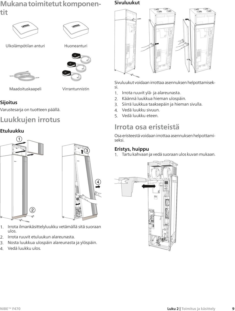 4. Vedä luukku sivuun. 5. Vedä luukku eteen. Irrota osa eristeistä Osa eristeestä voidaan irrottaa asennuksen helpottamiseksi. Eristys, huippu 1. Tartu kahvaan ja vedä suoraan ulos kuvan mukaan.