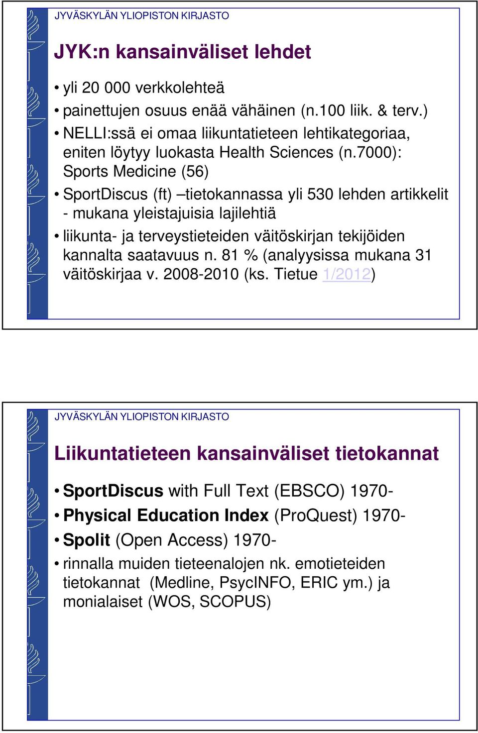 7000): Sports Medicine (56) SportDiscus (ft) tietokannassa yli 530 lehden artikkelit - mukana yleistajuisia lajilehtiä liikunta- ja terveystieteiden väitöskirjan tekijöiden kannalta