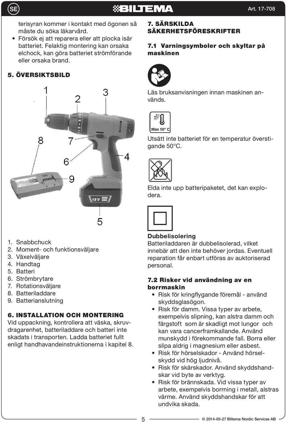 ÖVERSIKTSBILD Läs bruksanvisningen innan maskinen används. Utsätt inte batteriet för en temperatur överstigande 50 C. Elda inte upp batteripaketet, det kan explodera. 1. Snabbchuck 2.