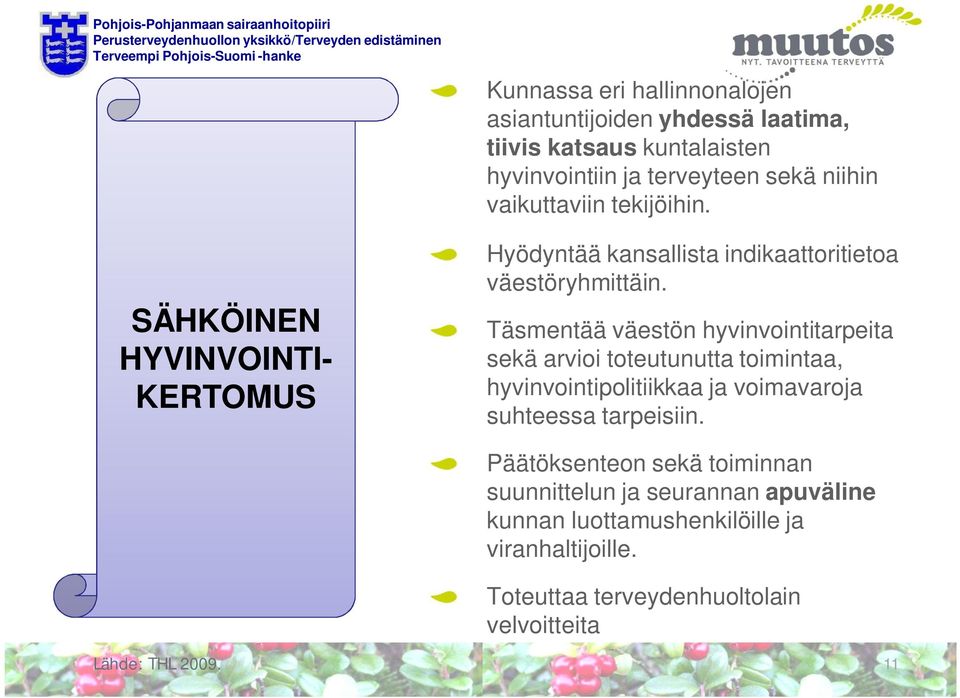 Täsmentää väestön hyvinvointitarpeita sekä arvioi toteutunutta toimintaa, hyvinvointipolitiikkaa ja voimavaroja suhteessa tarpeisiin.