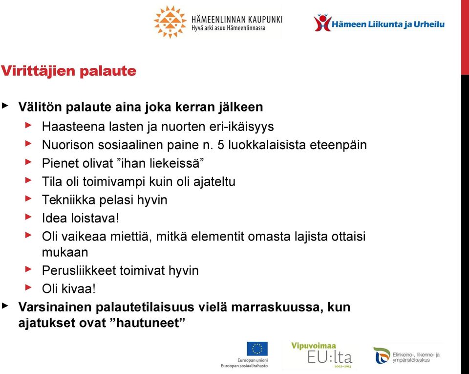 5 luokkalaisista eteenpäin Pienet olivat ihan liekeissä Tila oli toimivampi kuin oli ajateltu Tekniikka pelasi