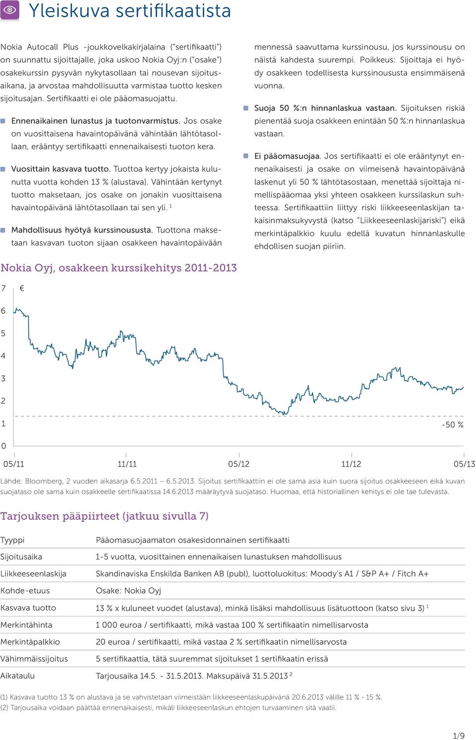 Jos osake on vuosittaisena havaintopäivänä vähintään lähtötasollaan, erääntyy sertifikaatti ennenaikaisesti tuoton kera. Vuosittain kasvava tuotto.