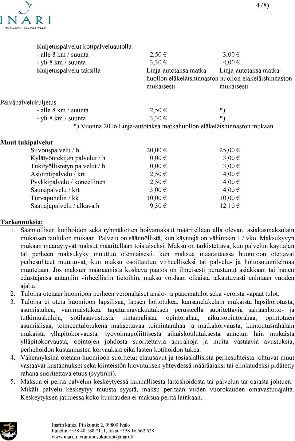 Muut tukipalvelut Siivouspalvelu / h 20,00 25,00 Kylätyöntekijän palvelut / h 0,00 3,00 Tukityöllistetyn palvelut / h 0,00 3,00 Asiointipalvelu / krt 2,50 4,00 Pyykkipalvelu / koneellinen 2,50 4,00