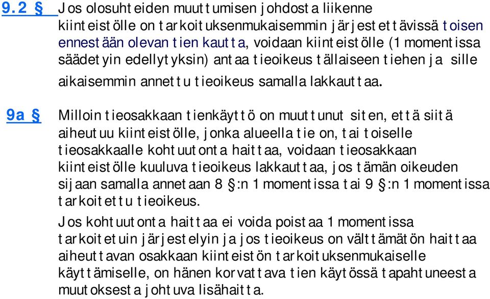 9a Milloin tieosakkaan tienkäyttö on muuttunut siten, että siitä aiheutuu kiinteistölle, jonka alueella tie on, tai toiselle tieosakkaalle kohtuutonta haittaa, voidaan tieosakkaan kiinteistölle