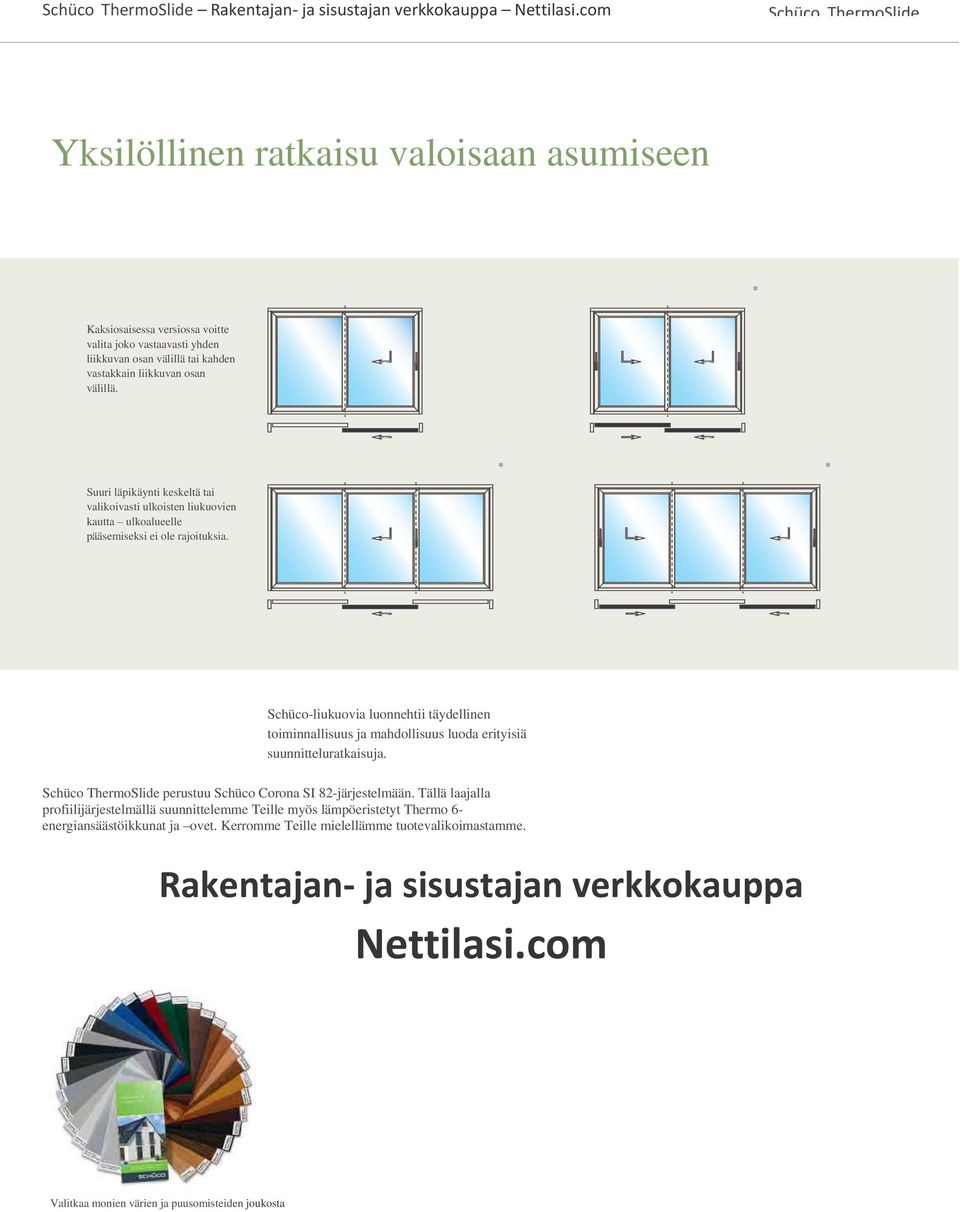 Schüco-liukuovia luonnehtii täydellinen toiminnallisuus ja mahdollisuus luoda erityisiä suunnitteluratkaisuja. Schüco ThermoSlide perustuu Schüco Corona SI 82-järjestelmään.
