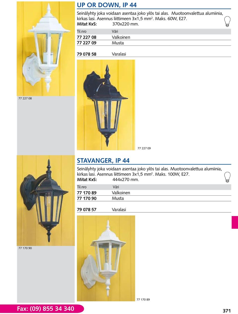 77 227 08 Valkoinen 77 227 09 Musta 79 078 58 Varalasi 77 227 08 77 227 09 stavanger, IP 44 Seinälyhty joka voidaan asentaa joko ylös