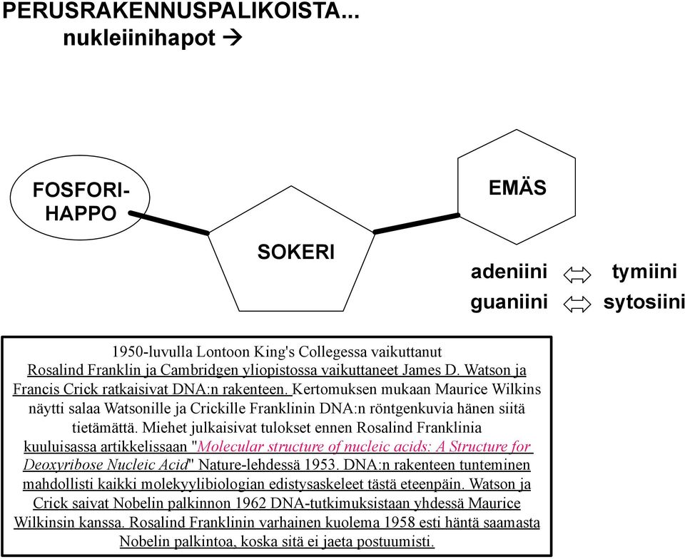 James D. Watson ja Francis Crick ratkaisivat DNA:n rakenteen. Kertomuksen mukaan Maurice Wilkins näytti salaa Watsonille ja Crickille Franklinin DNA:n röntgenkuvia hänen siitä tietämättä.