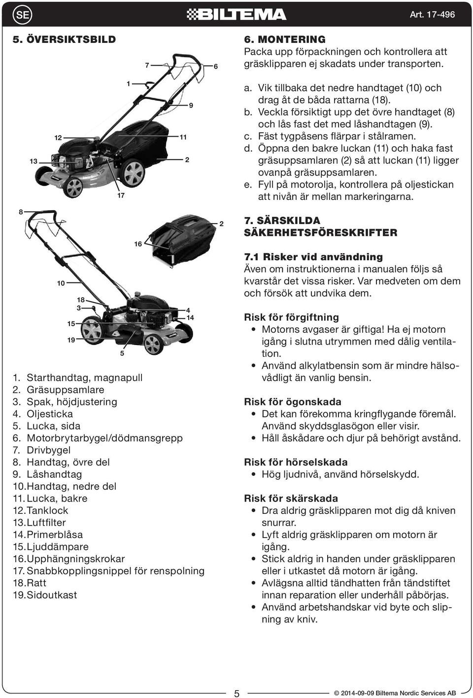 Tanklock 13. L u f t fi l t e r 14. Primerblåsa 15. Ljuddämpare 16. Upphängningskrokar 17. Snabbkopplingsnippel för renspolning 18. R a t t 19. Sidoutkast 17 5 1 16 11 2 9 4 14 2 a.