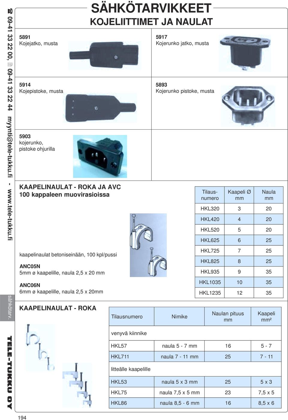 pistoke, musta Nimike Tilausnumero Kaapeli mm Ø Naula mm HKL320 3 20 HKL420 4 20 HKL520 5 20 HKL625 6 25 HKL725 7 25 HKL825 8 25 HKL935 9 35 HKL1035 10 35 HKL1235 12 35 Naulan