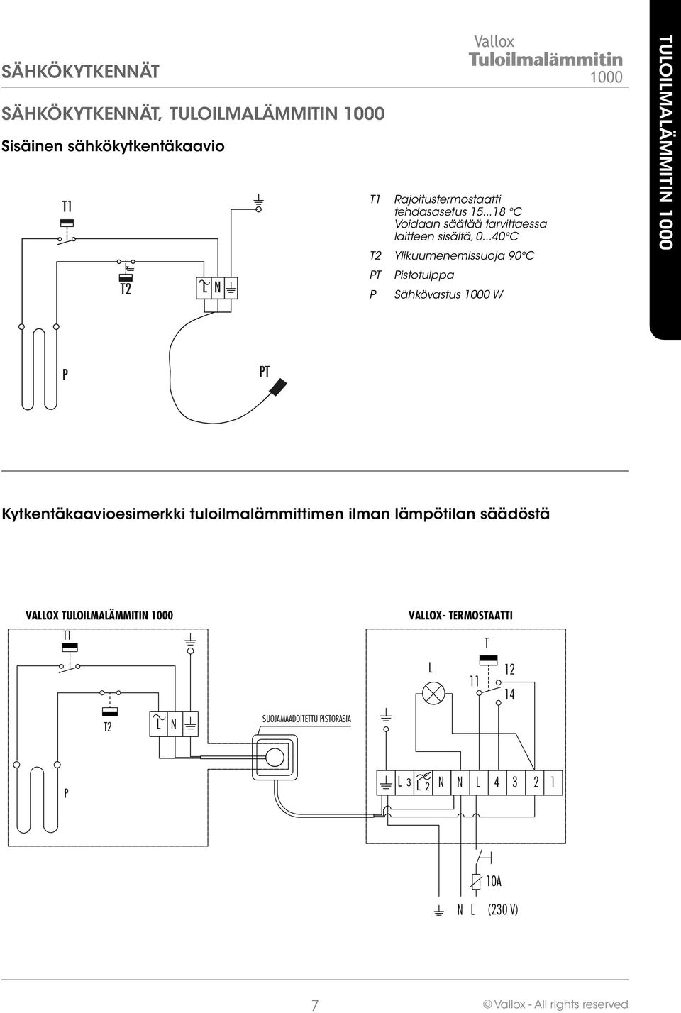 ..40 C T2 Ylikuumenemissuoja 90 C PT P Pistotulppa Sähkövastus W TUOIMAÄMMITIN P PT Kytkentäkaavioesimerkki