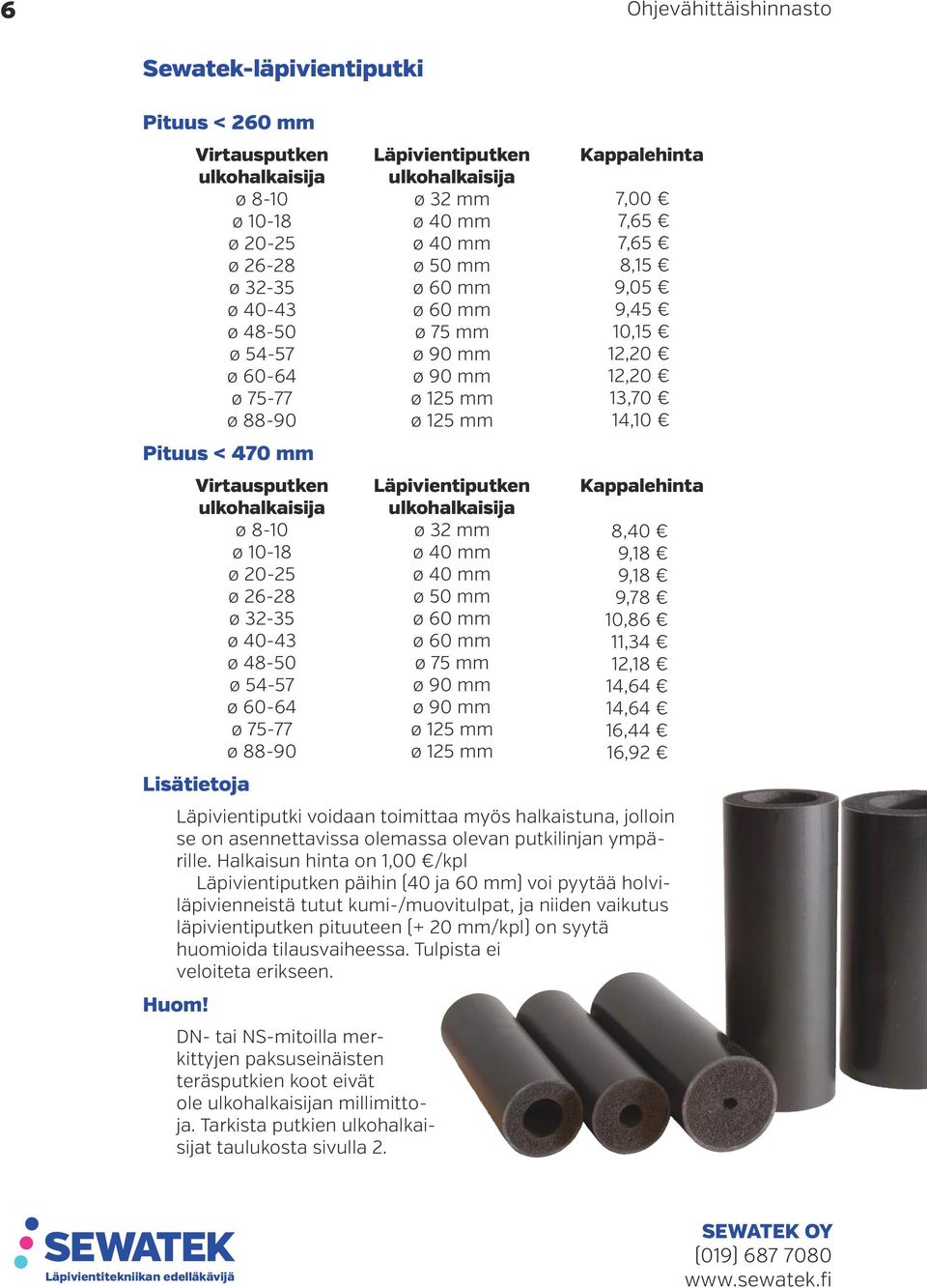 10,96 ø 88-90 ø 125 mm 14,10 11,28 Pituus < 470 mm Virtausputken Läpivientiputken Kappalehinta ulkohalkaisija ulkohalkaisija ø 8-10 ø 32 mm 8,40 6,72 ø 10-18 ø 40 mm 7,34 9,18 ø 20-25 ø 40 mm 7,34