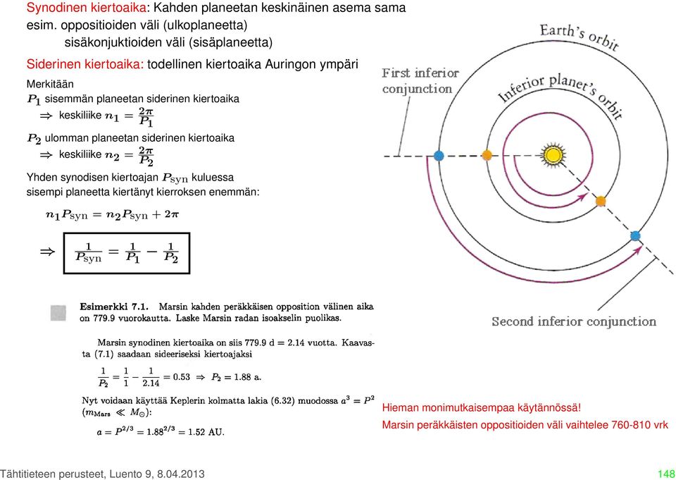 planeetan siderinen kiertoaika keskiliike n 1 = 2π P 1 P 2 ulomman planeetan siderinen kiertoaika keskiliike n 2 = 2π P 2 Yhden synodisen kiertoajan Psyn