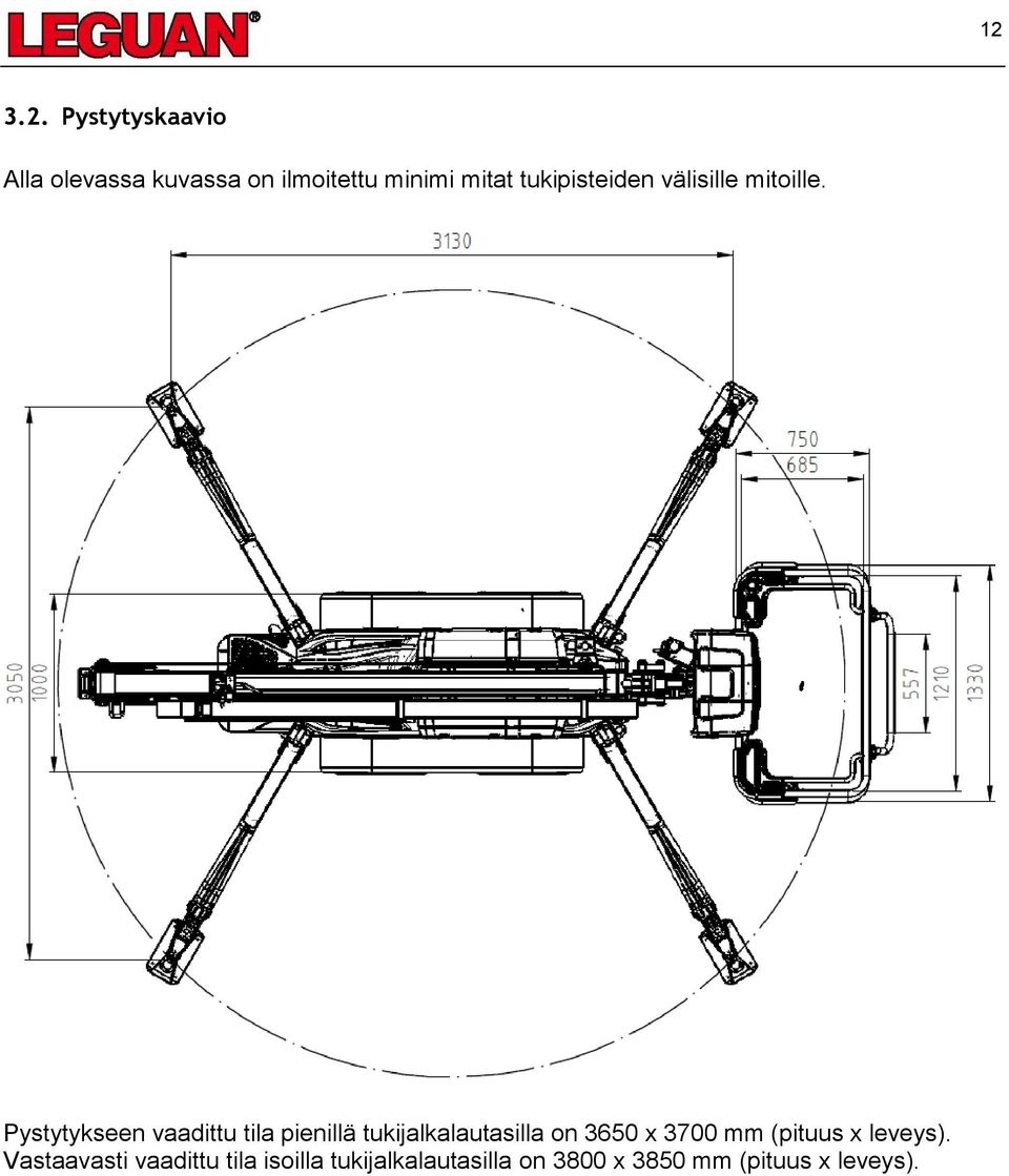 Pystytykseen vaadittu tila pienillä tukijalkalautasilla on 3650 x 3700