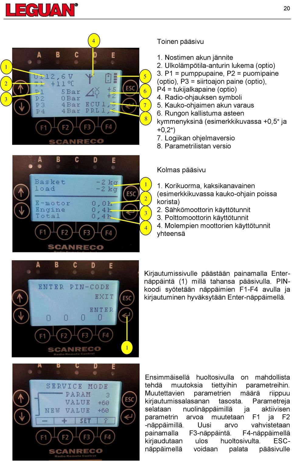 Rungon kallistuma asteen kymmenyksinä (esimerkkikuvassa +0,5 ja +0,2 ) 7. Logiikan ohjelmaversio 8. Parametrilistan versio 1 2 3 4 Kolmas pääsivu 1.