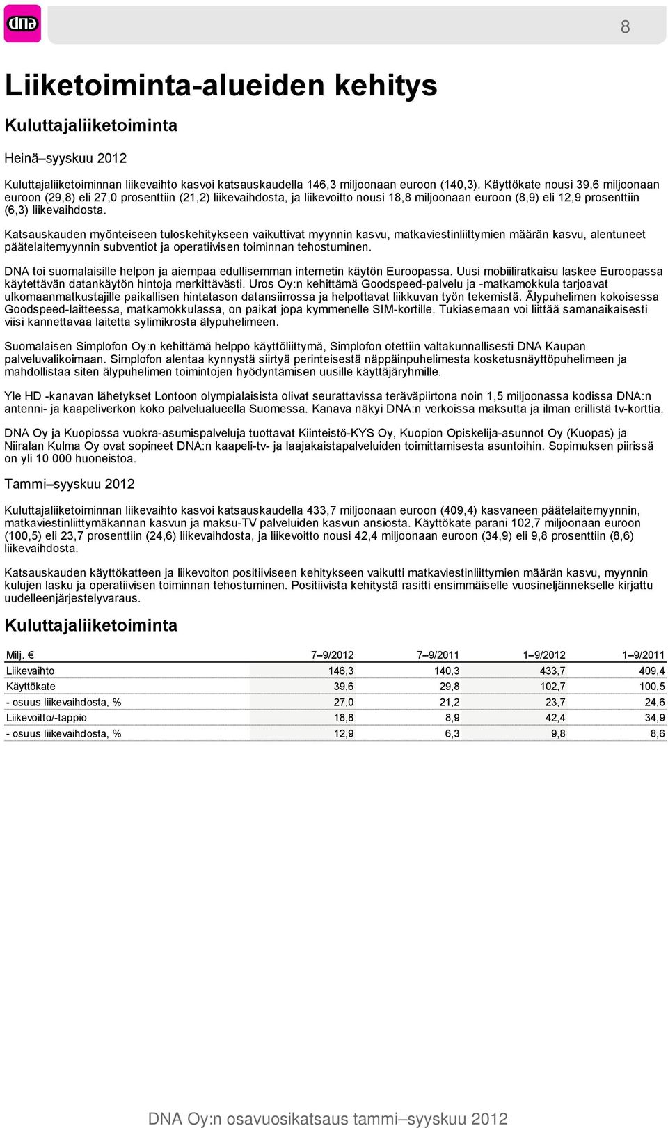 Katsauskauden myönteiseen tuloskehitykseen vaikuttivat myynnin kasvu, matkaviestinliittymien määrän kasvu, alentuneet päätelaitemyynnin subventiot ja operatiivisen toiminnan tehostuminen.